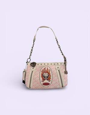 NWT Ed Hardy White and Pink Skull Flame Monogram Demi Shoulder Bag with Charms